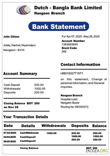 Bangladesh Dutch Bangla Bank Limited Relevé bancaire Modèle Word et PDF